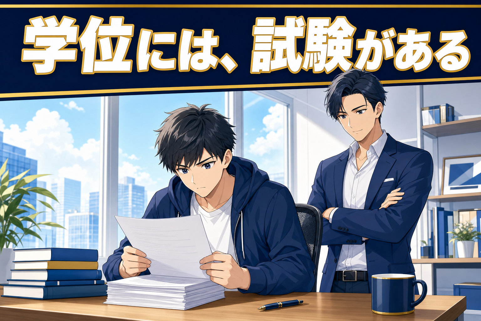 パーカーを着た男性が机に向かって書類を読んでいる様子を、アニメ風のイラストで描いたもの。その背後にはスーツ姿の男性が立っている。上部には学位には、試験があるという文字が書かれている。.