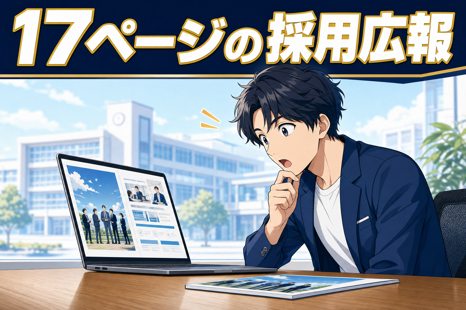 アニメ風の若い男性が、ノートパソコンで17ページにわたる採用資料を見ながら驚いた表情を浮かべています。画面の上部には17ページの採用パンフレットという日本語の文字が表示されています。.