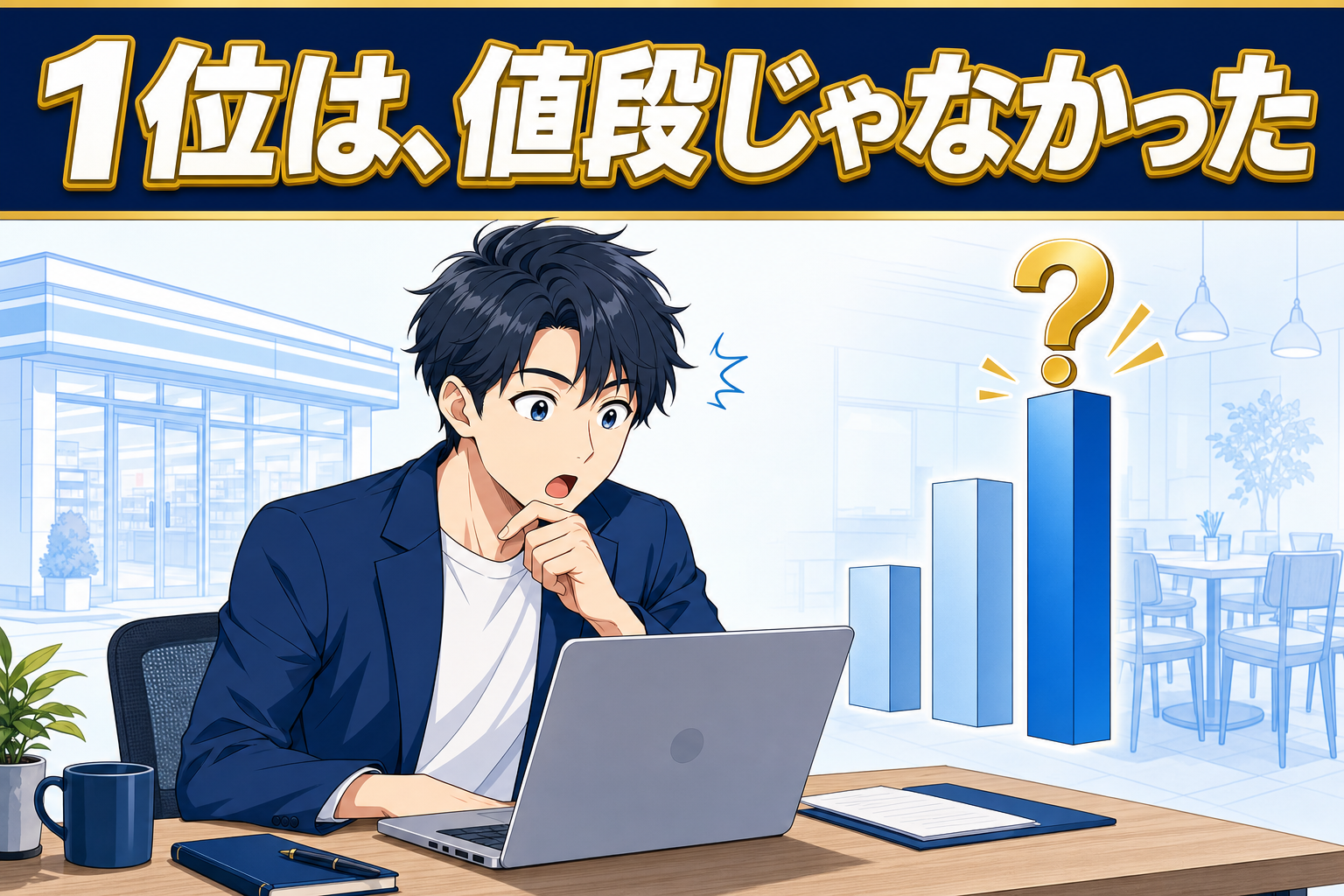 ある男性がノートパソコンを驚いたような表情で見つめている。その横には、他の棒よりも高く伸びた1本の棒グラフがあり、その上には疑問符が浮かんでいる。その上のテキストには1位は、値段じゃなかったと書かれている。.
