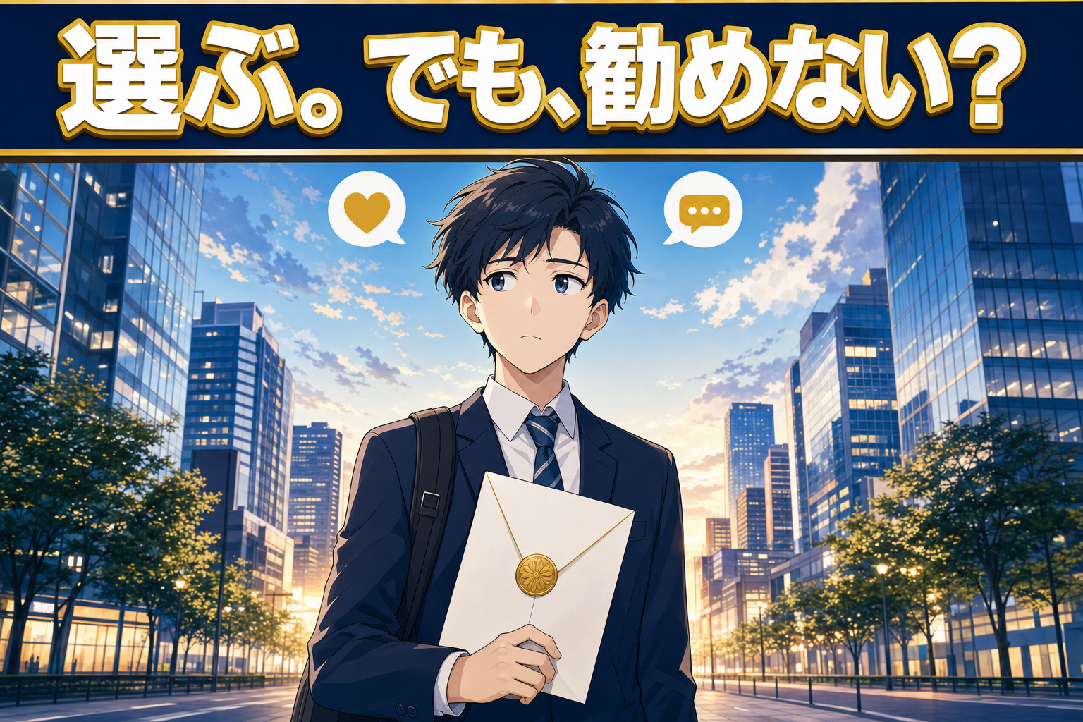 ビジネススーツ姿のアニメ風の青年が、夕暮れの街に立ち、封をした封筒を手にしている。その頭上には、選んで。でも、おすすめはしない?という日本語の文字が、ハートとメッセージのアイコンとともに書かれている。.