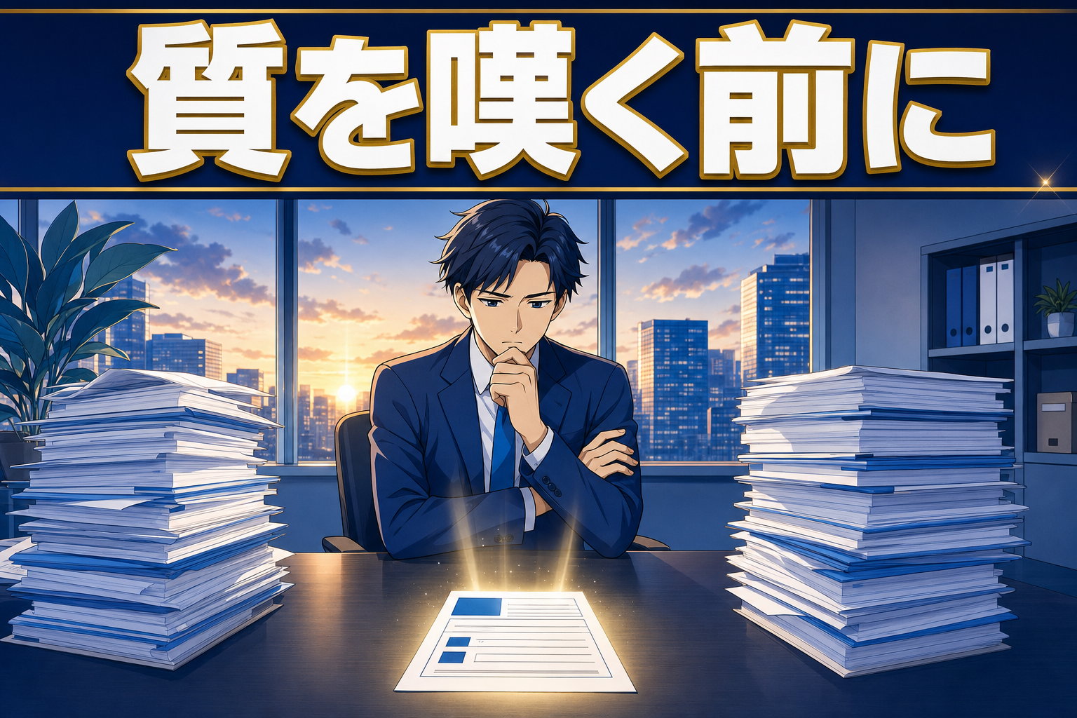 アニメ風の会社員が、机の上に積まれた2つの大きな書類の山を前に座り、光り輝く紙を見つめている。上部には日本語で質を嘆く前にと書かれている。.