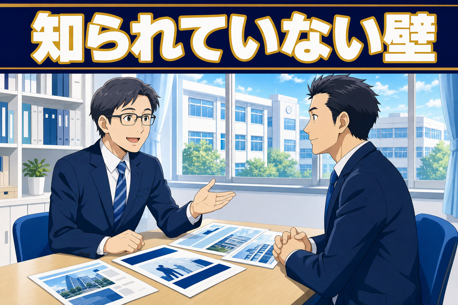 スーツ姿のビジネスマン2人が机を挟んで書類について話し合っており、窓の向こうには校舎が見える。彼らの頭上には、知られていない壁と書かれた日本語の横断幕が掲げられている。.