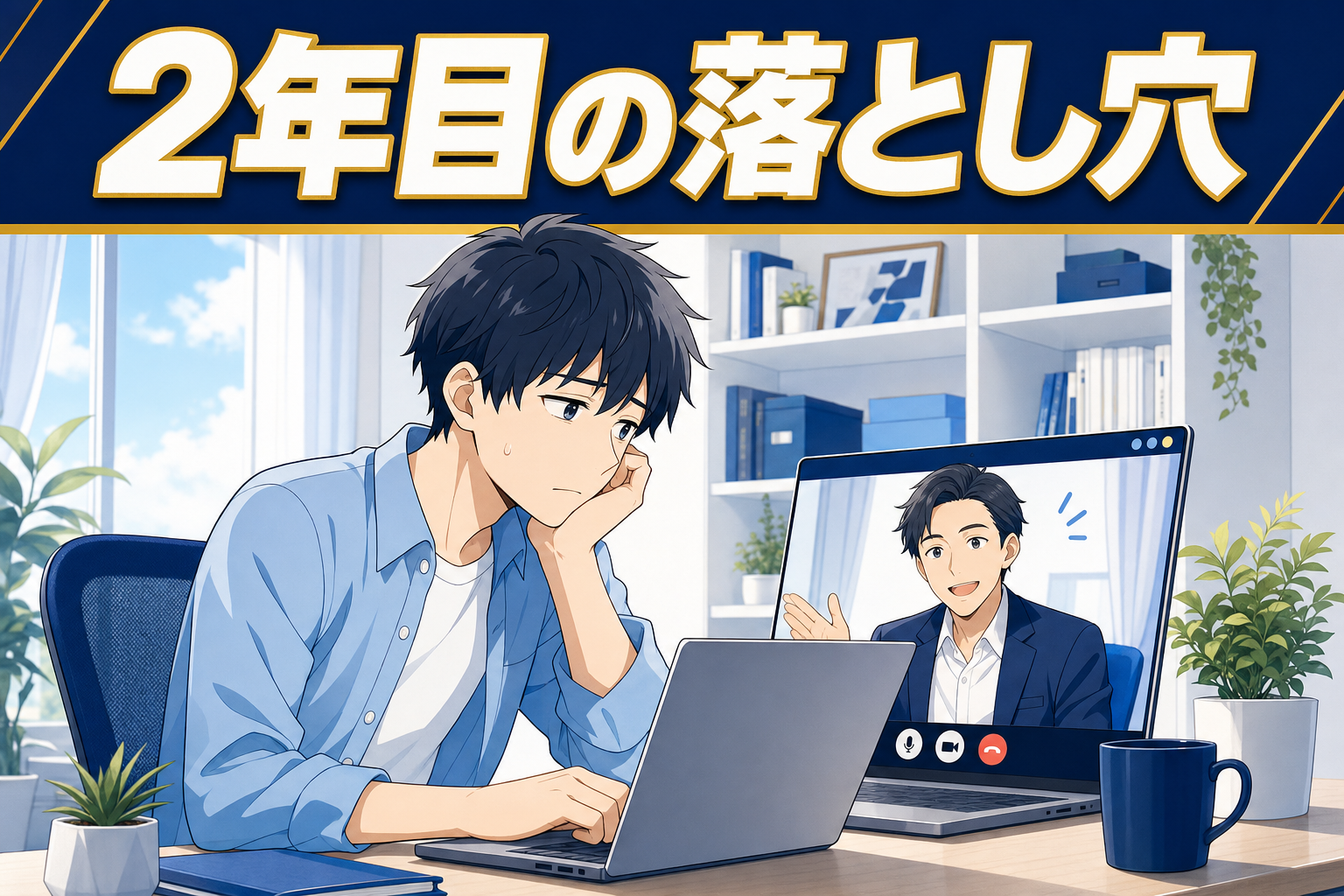 ビデオ通話で笑顔の同僚と話す、疲れた様子の男性を描いたアニメ風のイラスト。上部には2年目の落とし穴という文字が書かれている。.